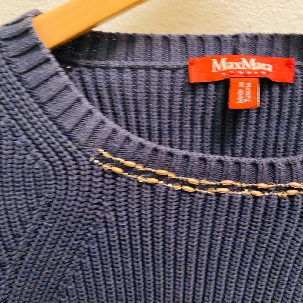 MAXMARA STUDIO Navy Heavy Knit Beaded Neckline Sweater - Picture 4 of 4